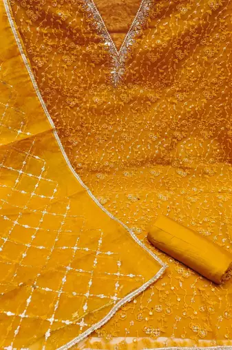 yellow viscose organza handwork unstitched dress material