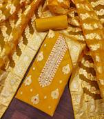 yellow organza handwork unstitched dress material