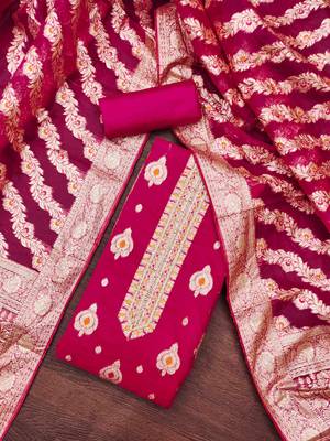 magenta organza handwork unstitched dress material 1