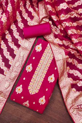 magenta organza handwork unstitched dress material