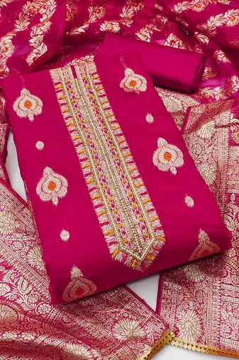 magenta organza handwork unstitched dress material