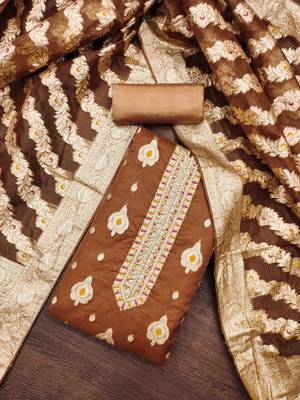 brown organza handwork unstitched dress material 1