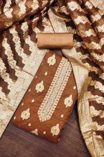 brown organza handwork unstitched dress material