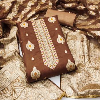 brown organza handwork unstitched dress material 2