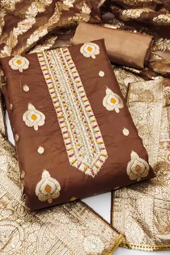brown organza handwork unstitched dress material