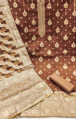 brown organza handwork unstitched dress material 3
