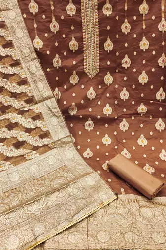 brown organza handwork unstitched dress material
