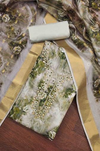 olive muslin banarasi handwork unstitched dress material
