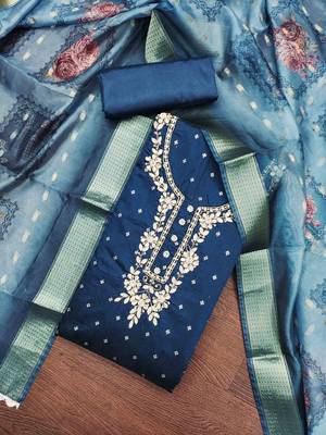 royal blue modal handwork unstitched dress material 1
