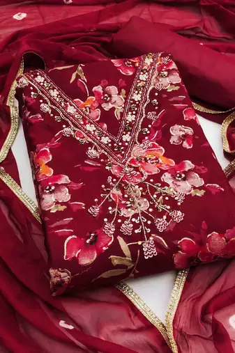 maroon cotton handwork unstitched dress material