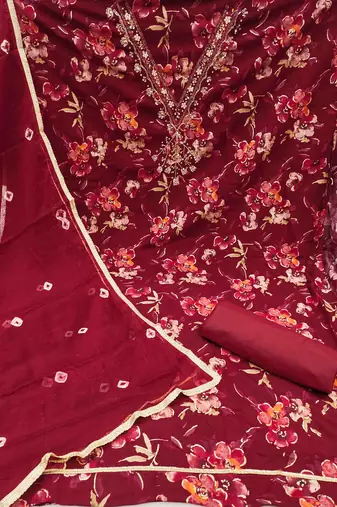 maroon cotton handwork unstitched dress material