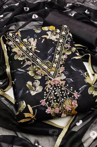 black cotton handwork unstitched dress material