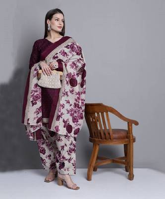 Classiques Polyester Floral Printed Wine Salwar Suit 4