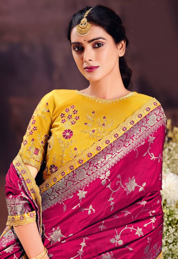 Elegant pink banarasi silk saree with floral vine motifs & golden zari work