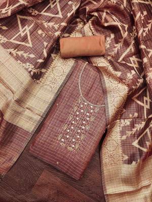 brown viscose handwork unstitched dress material 1