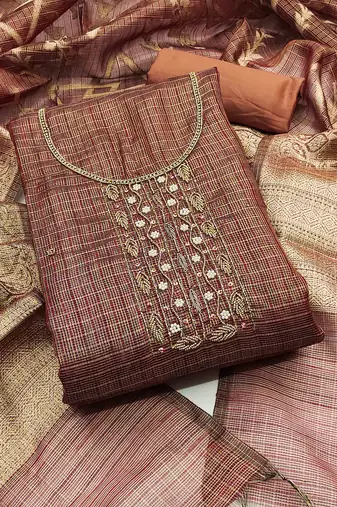 brown viscose handwork unstitched dress material