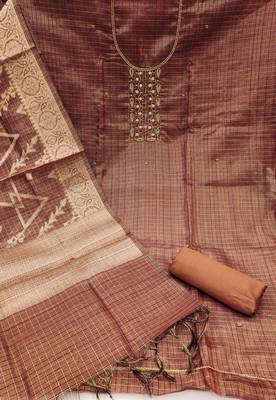 brown viscose handwork unstitched dress material 3
