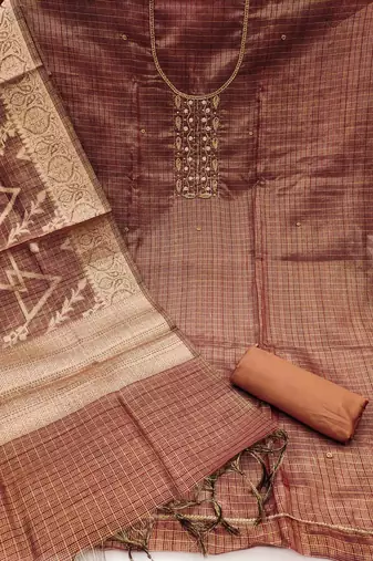 brown viscose handwork unstitched dress material