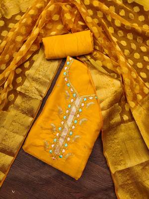 mustard chiffon embroiderde unstitched dress material 1