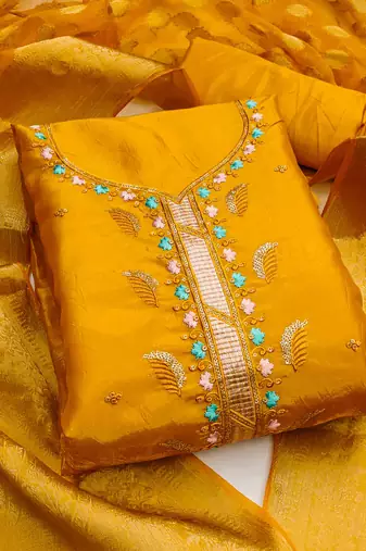 mustard chiffon embroiderde unstitched dress material