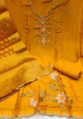 mustard chiffon embroiderde unstitched dress material 3