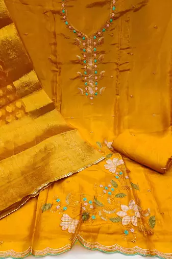 mustard chiffon embroiderde unstitched dress material