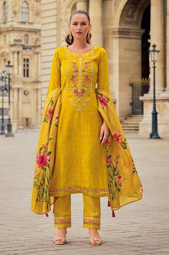 Mustard handwork embroidery, print jacquard viscose straight pant- free size stitched(size upto 42")