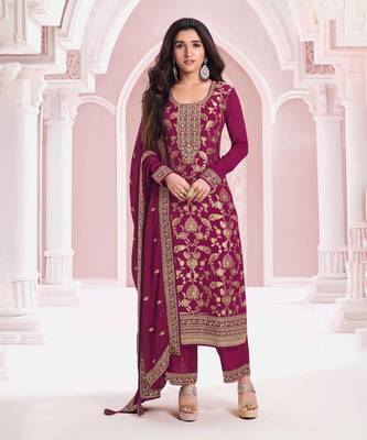 Purple dola silk thread sequin embroidered semi-stitched salwar suit 1