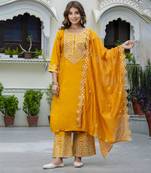 Women's silk blend embroidered kurta palazzo set with organza dupatta