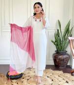 White chanderi heavy thread embroidery work on neck kurta pant set