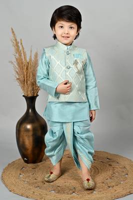 Boys jacquard ethnic motifs kurta dhoti pant with waistcoat set - sky blue 1