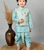 Boys jacquard ethnic motifs kurta dhoti pant with waistcoat set - sky blue