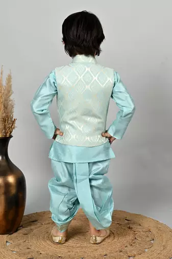 Boys jacquard ethnic motifs kurta dhoti pant with waistcoat set - sky blue