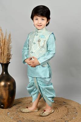 Boys jacquard ethnic motifs kurta dhoti pant with waistcoat set - sky blue 3