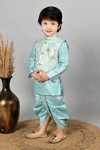 Boys jacquard ethnic motifs kurta dhoti pant with waistcoat set - sky blue
