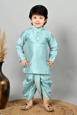 Boys jacquard ethnic motifs kurta dhoti pant with waistcoat set - sky blue 4