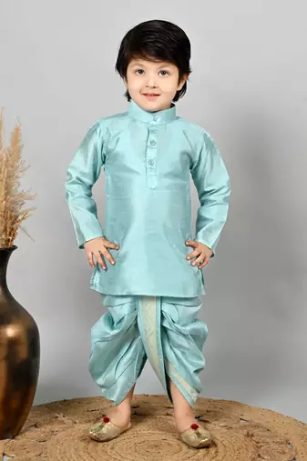 Boys jacquard ethnic motifs kurta dhoti pant with waistcoat set - sky blue