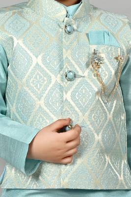 Boys jacquard ethnic motifs kurta dhoti pant with waistcoat set - sky blue 5