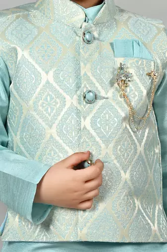 Boys jacquard ethnic motifs kurta dhoti pant with waistcoat set - sky blue