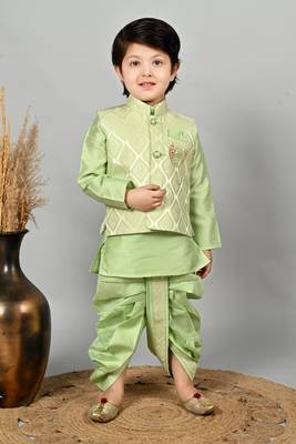 Boys jacquard ethnic motifs kurta dhoti pant with waistcoat set - pista 1