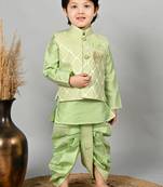 Boys jacquard ethnic motifs kurta dhoti pant with waistcoat set - pista