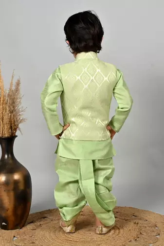 Boys jacquard ethnic motifs kurta dhoti pant with waistcoat set - pista