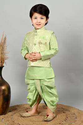 Boys jacquard ethnic motifs kurta dhoti pant with waistcoat set - pista 3