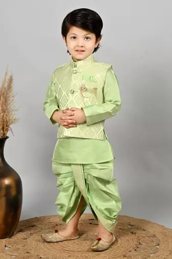 Boys jacquard ethnic motifs kurta dhoti pant with waistcoat set - pista