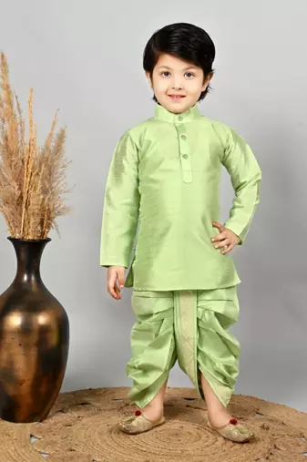 Boys jacquard ethnic motifs kurta dhoti pant with waistcoat set - pista