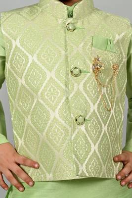 Boys jacquard ethnic motifs kurta dhoti pant with waistcoat set - pista 5