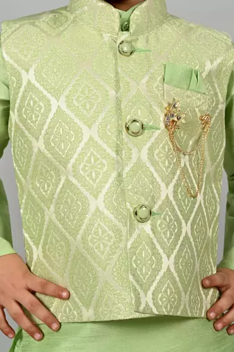 Boys jacquard ethnic motifs kurta dhoti pant with waistcoat set - pista