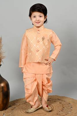 Boys jacquard ethnic motifs kurta dhoti pant with waistcoat set - peach 1