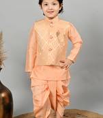 Boys jacquard ethnic motifs kurta dhoti pant with waistcoat set - peach
