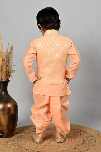 Boys jacquard ethnic motifs kurta dhoti pant with waistcoat set - peach